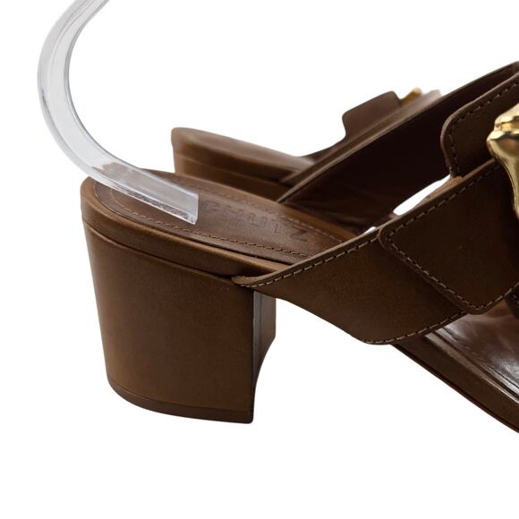 Schutz Enola Mid Block Sandals Womens 8.5 Caramel Brown Leather Gold Tone Buckle - Picture 2 of 10